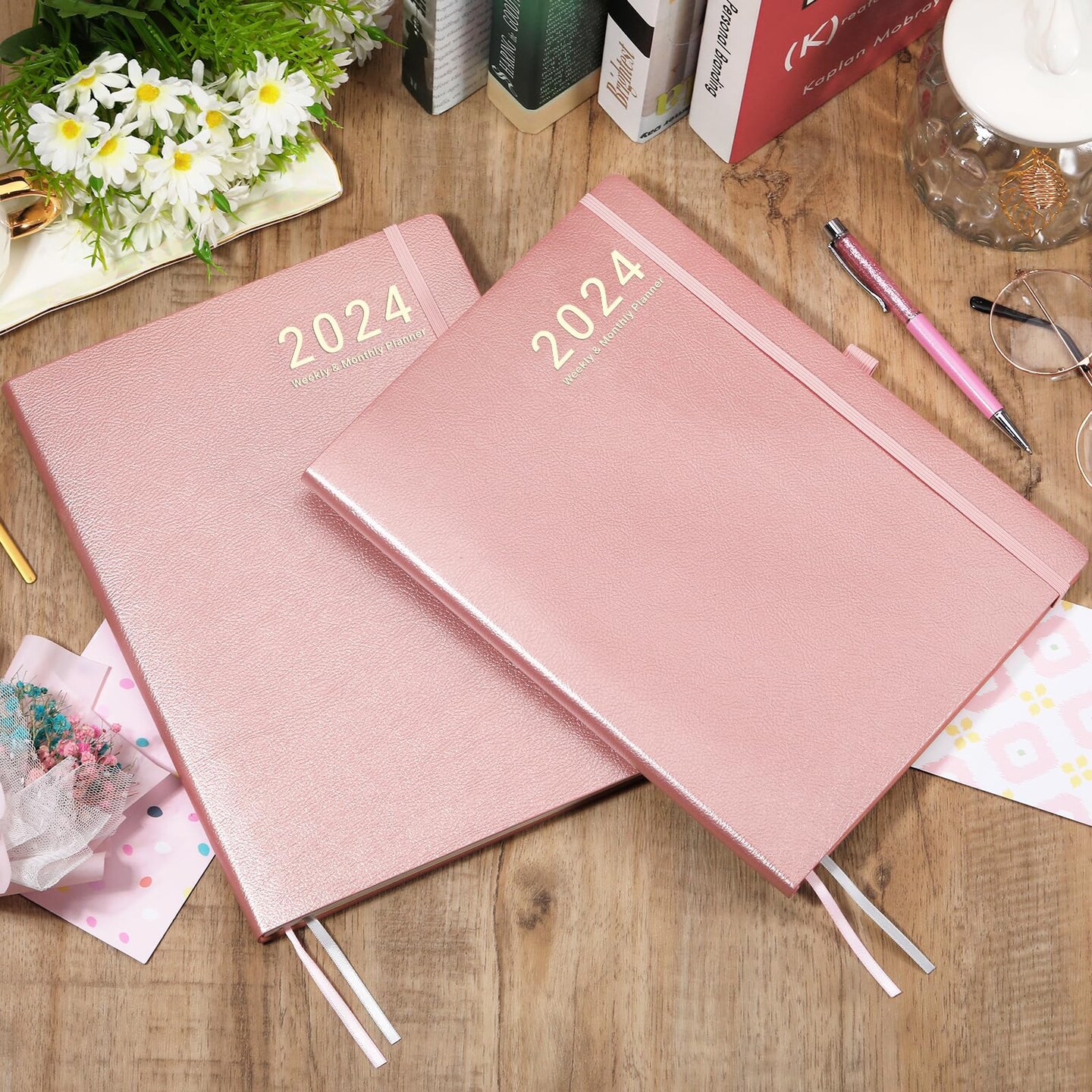 2024 Weekly Monthly Planner, January 2024 - December 2024, 8.5&#x22; x 11&#x22;, Leather Cover Planner 2024 with Thick Paper, Back Pocket with Notes Pages - Rose Gold