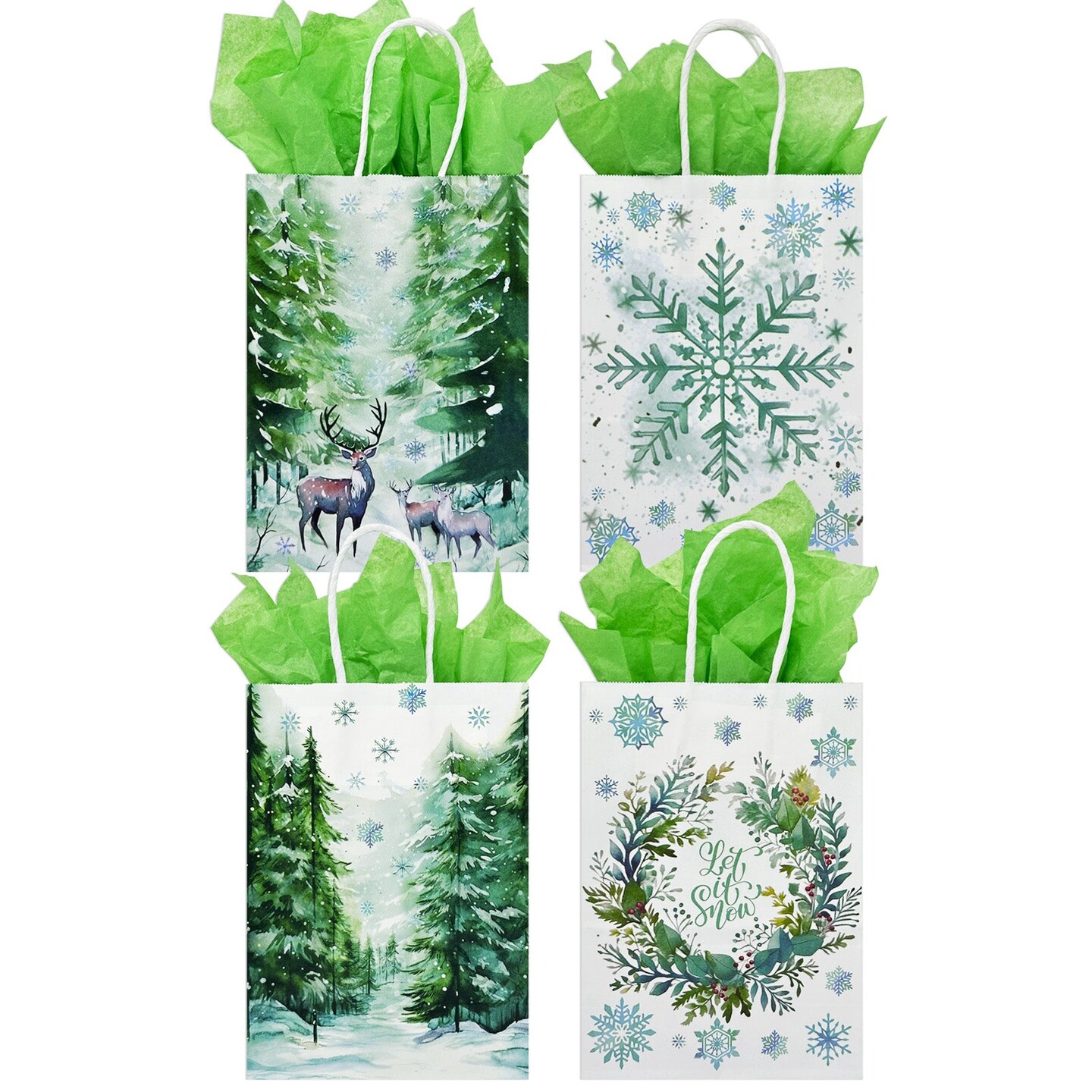 Wrapables Christmas Holiday Kraft Gift Bags with Handles and Tissue Paper for Gift Wrap, Parties, Favors and Treats (Set of 12), Green Winterland