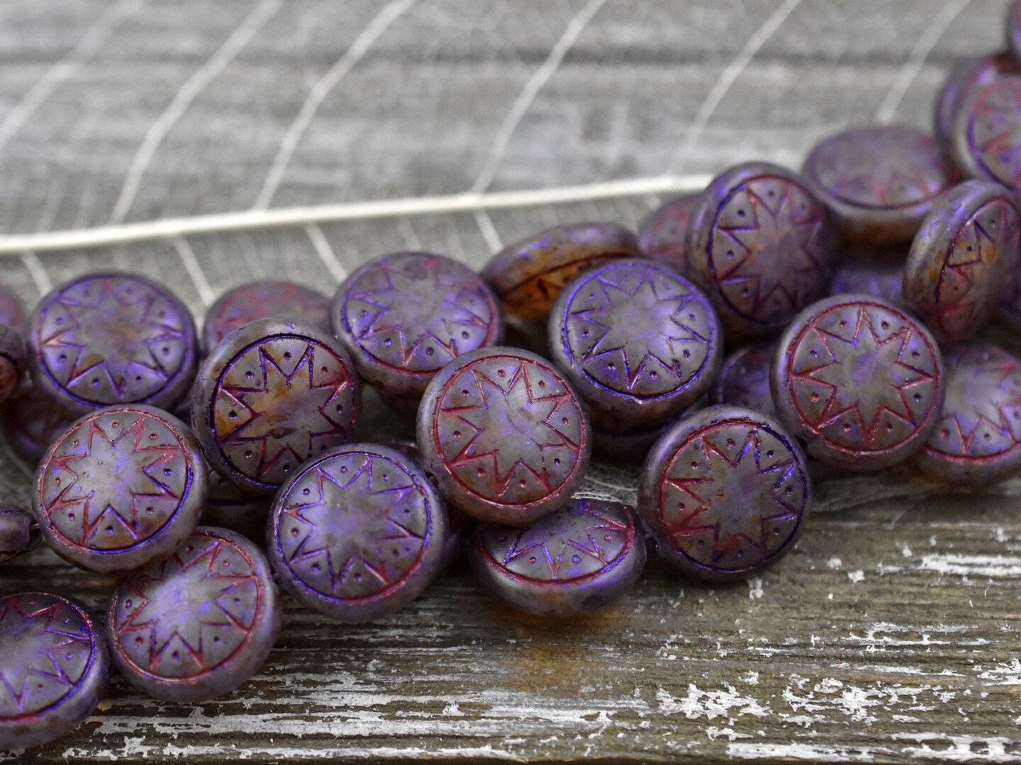 *6* 13mm Red Washed Matte Purple Over White Opal Ishtar Coin Beads