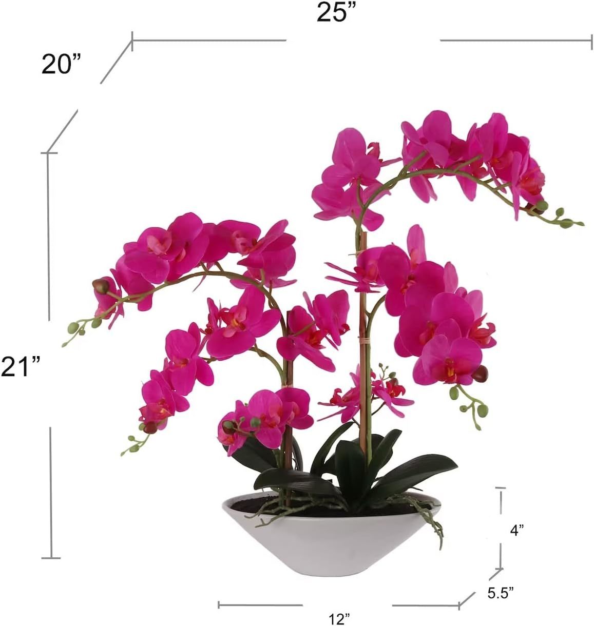 Fuchsia Phalaenopsis Orchid 20&#x22; with 6 Buds in White Vase - Lifelike Silk Flower Arrangement for Elegant Home &#x26; Office Decor - Realistic Orchid Design, Floral Home by Artificial Flowers