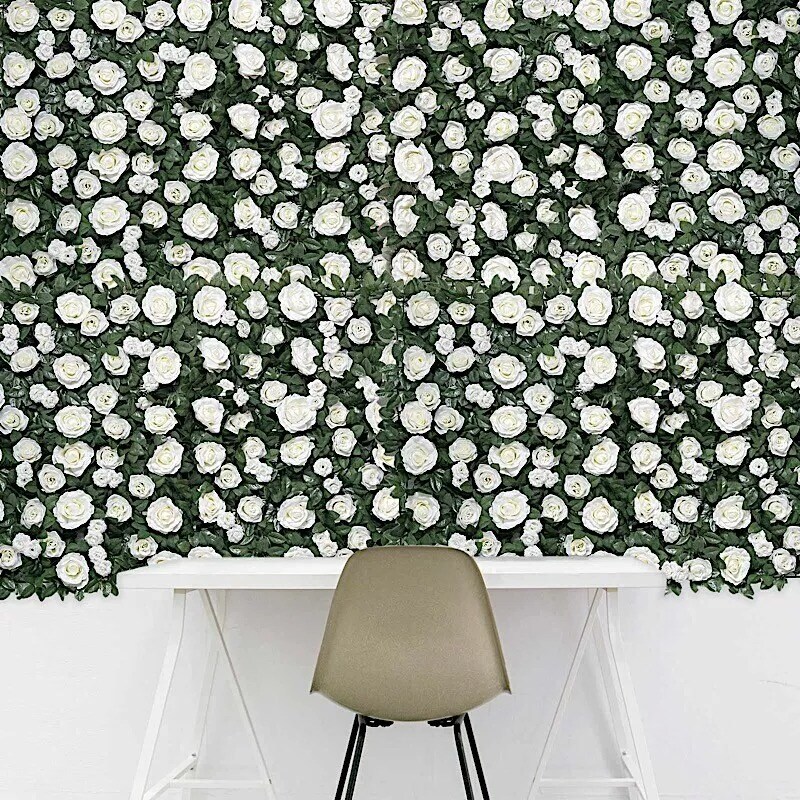 24x18-Inch White and Green Silk Rose Flowers Wall Backdrop Panel Wedding