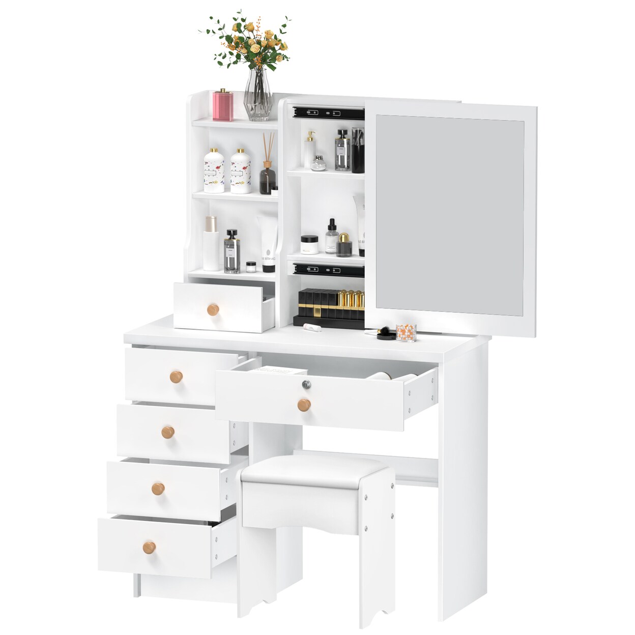 Vanity Desk With Sliding Mirror Bedroom Dressing Table Makeup Desk With 6 Drawers Open Shelves Hidden Storage Space