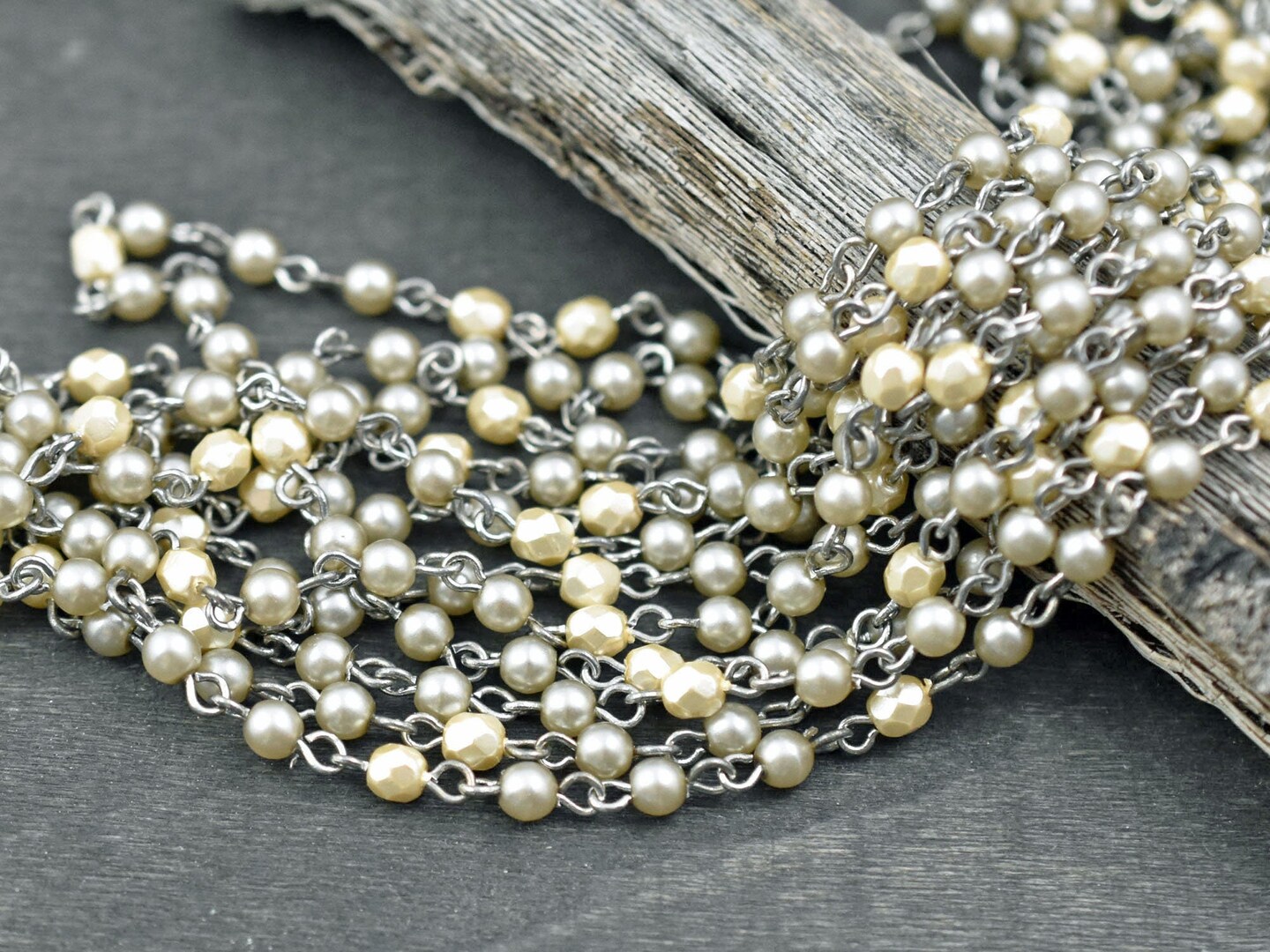 4mm Satin Taupe Pearl & Cream Fire Polished Round Beads w/Silver Beaded Chain