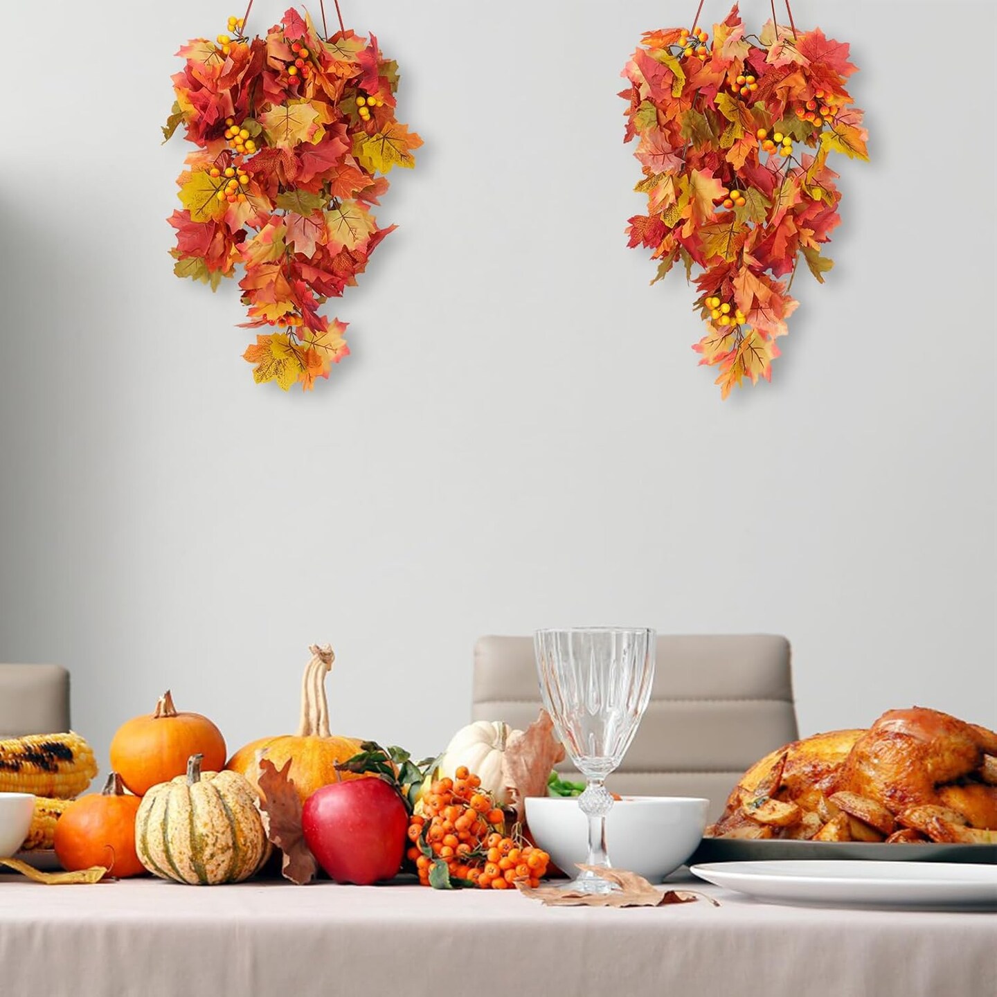 Fall Leaves Hanging Plant Artificial Fall Leaves Garland with Berry Fake Autumn Wall Hanging Leaf Vines for Home Halloween Party Door Frame Fireplace Decoration(Orange with Berry)