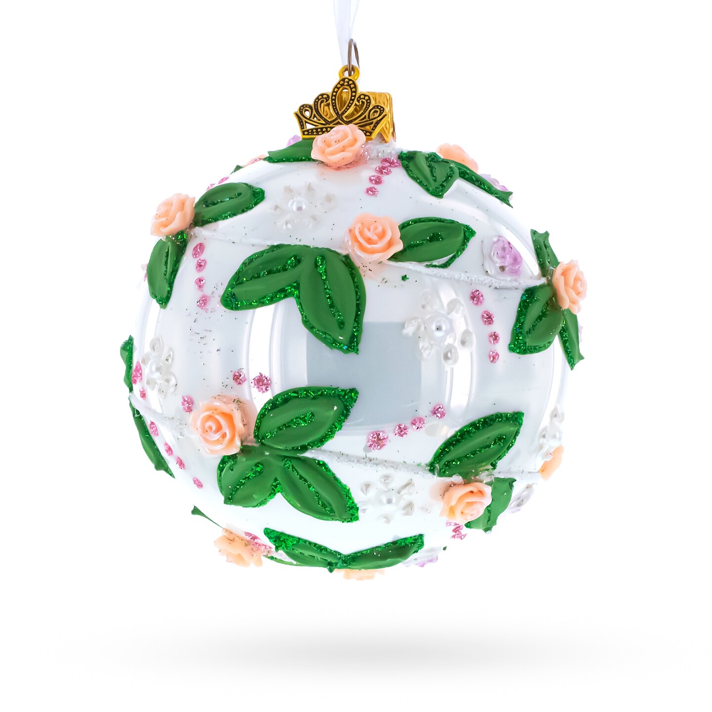 3D Roses in Silver Spiral Glass Ball Christmas Ornament 3.25 Inches