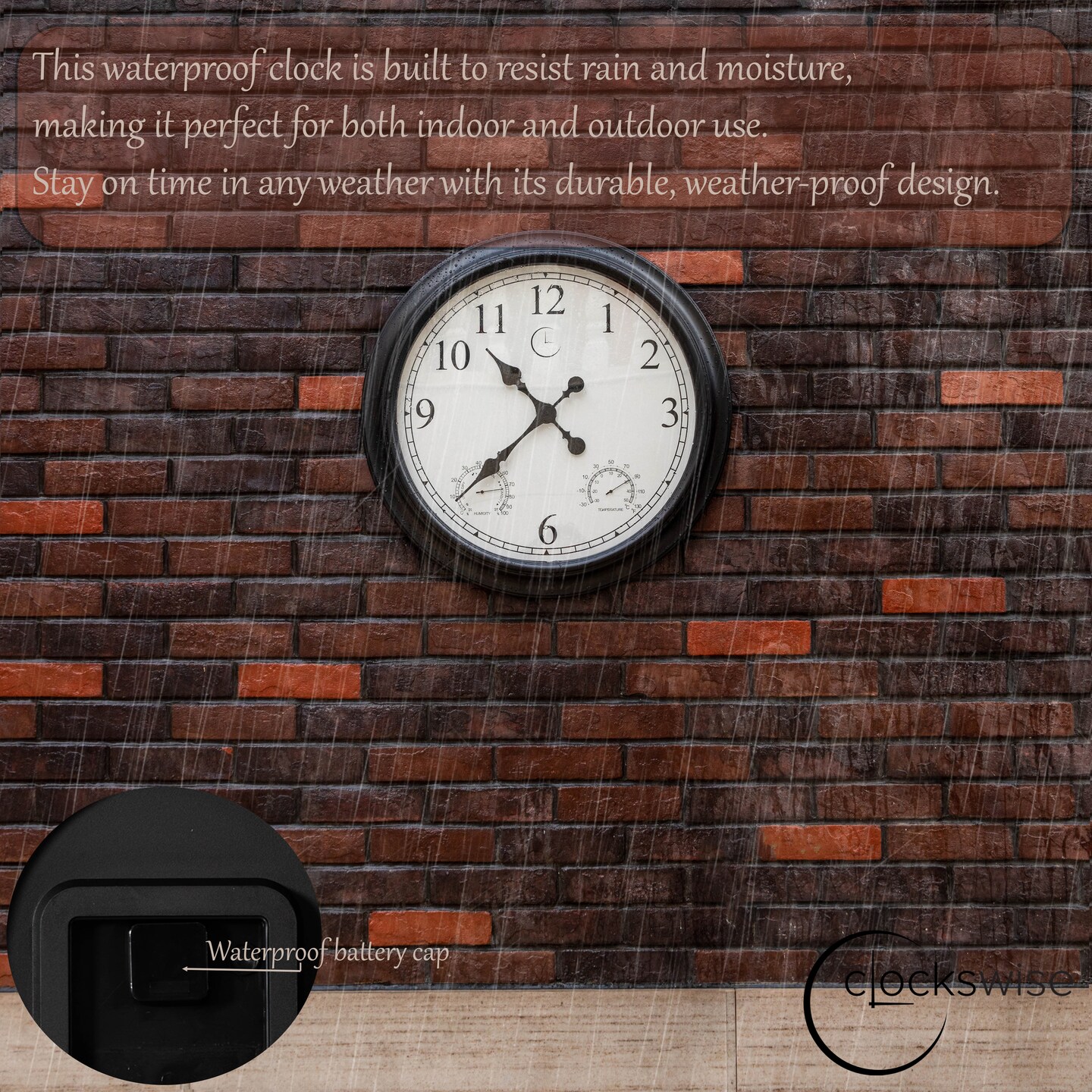 Large Outdoor Wall Clock Thermometer Combo, Waterproof Hygrometer Silent Battery Operated Clocks Timepiece Garden Weather Master Station for Home Indoor or Patio Pool Photography Props Black