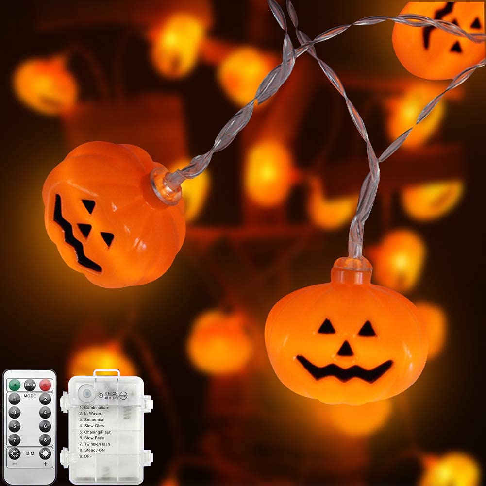 Halloween String Lights, LED Pumpkin Lights - 3D Waterproof Orange Jack-O-Lantern 20 LED Battery Operated String Lights, 8 Modes Holiday Lights for Indoor Outdoor Decor Party Decorations