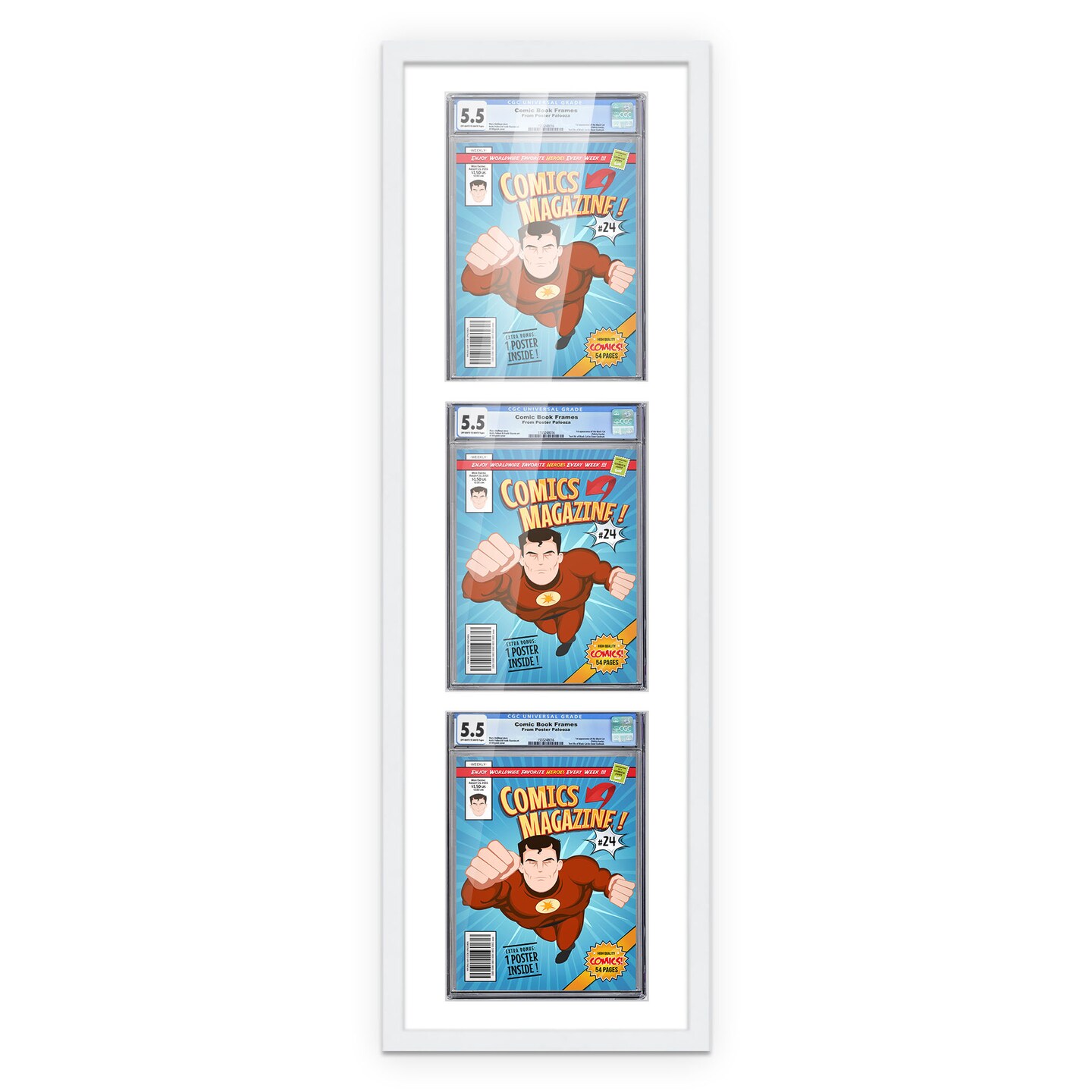 Comic Book Frame with Mat for 3 Graded Comics - White Wood Comic Frame With White Mat for 8.125x13 Comics - 11.75x43.5 Frame Size