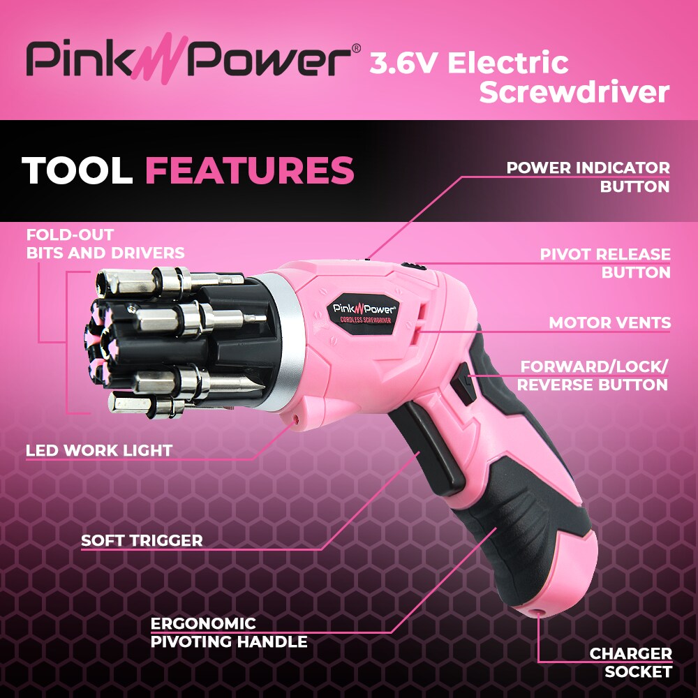 Pink Power 3.6V Lithium-Ion Cordless Screwdriver Kit with Bubble Level