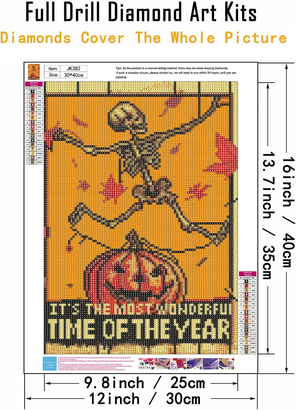 Horror 5D DIY Full Round Drill Diamond Painting Kits Pumpkin,Paint by Diamonds Dot Gem Art Crystal Skeleton Easy,Home Wall Decor