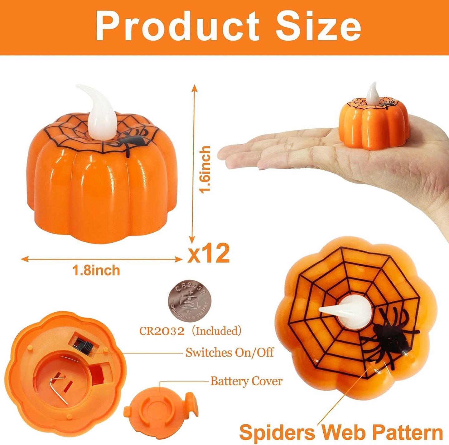 12 Pieces Halloween Pumpkin Tealights Candles with Spider Web Decor, LED Pumpkin Lights, Flame Less Candle Battery Operated Halloween Table Decorations Home Fireplace Party Thanksgiving Fall