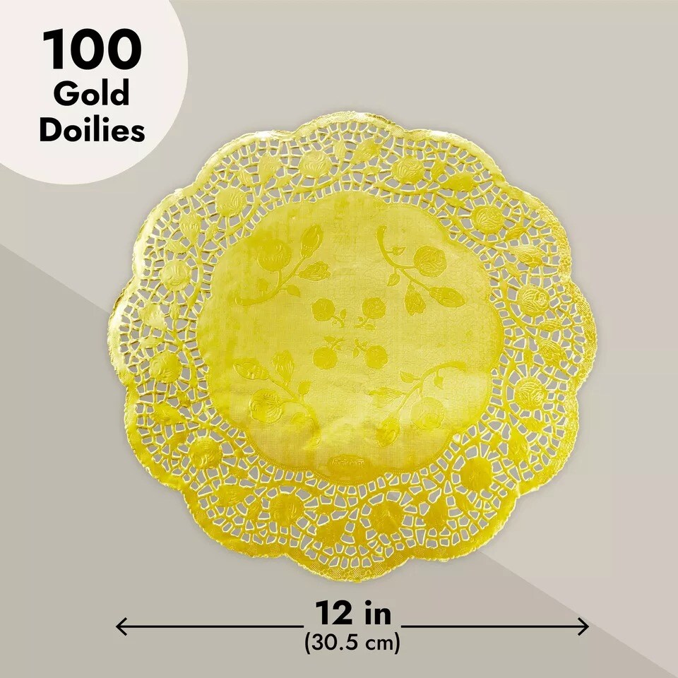 100 Pack 12 Inch Gold Doilies, Round Paper Placemats for Weddings, Desserts