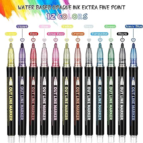 12 Pieces Metallic Double Line Outline Markers Glitter Pen Set for Rock Painting, Glass, Mug, Wood, Fabric, Canvas, DIY Craft with Fine Medium Tip