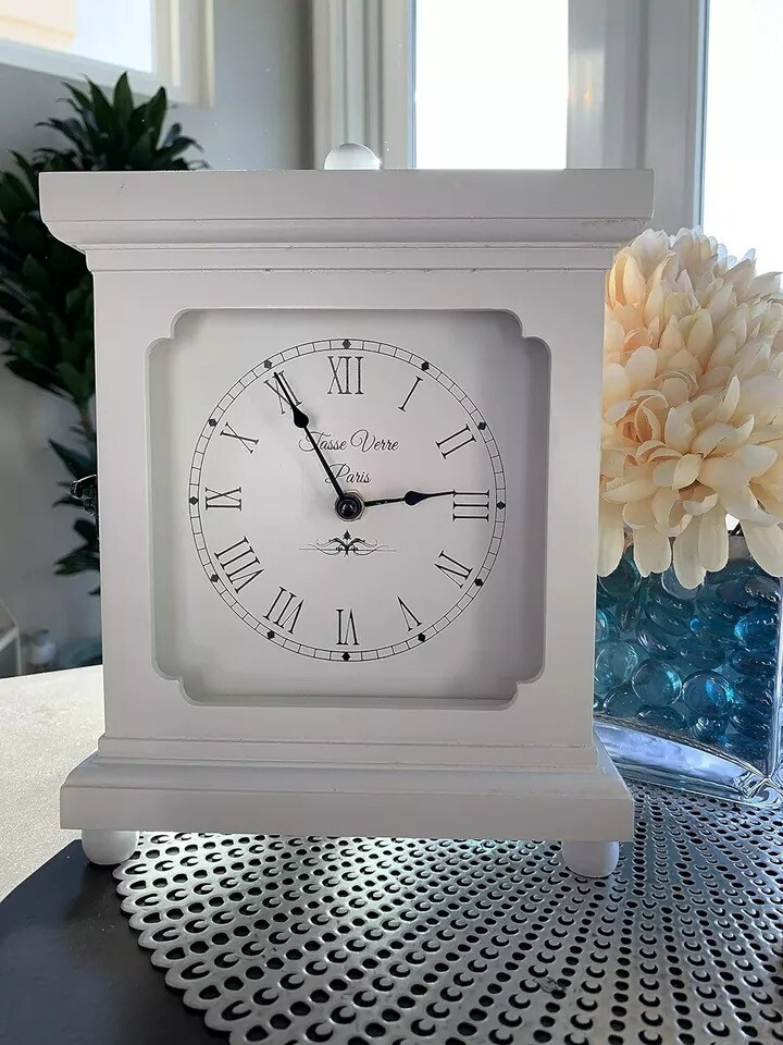 White Clock for Shelf Table Or Desk 9"x7" - Living Room Decor Wood Battery Opp.