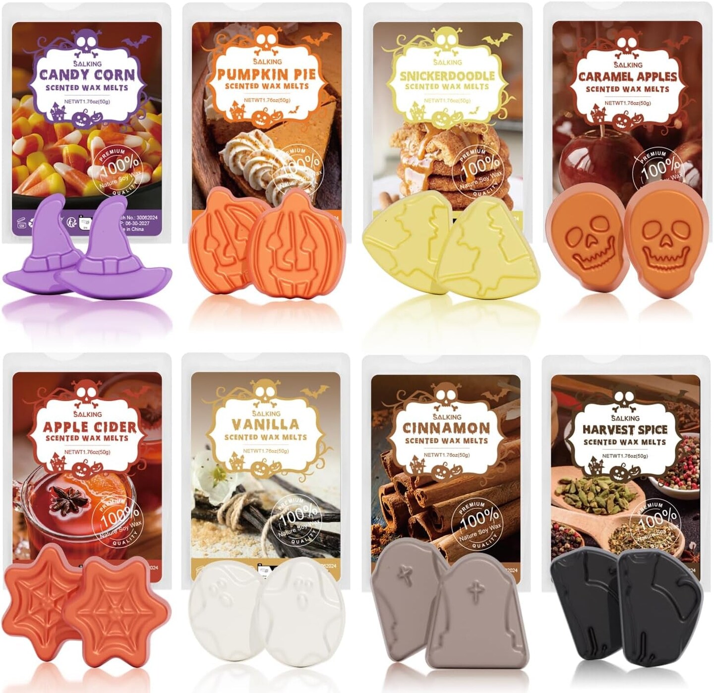 Halloween Scented Wax Melts, Fall Soy Wax Melts Gift Set, Wax Cubes/Tarts for Warmer - Pumpkin Pie, Caramel Apples, Candy Corn, Vanilla, Snickerdoodle, Apple Cider, Cinnamon, Harvest Spice