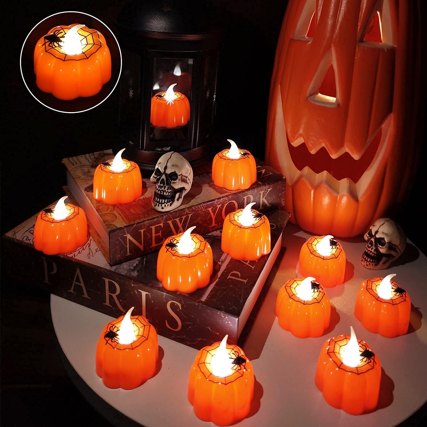 12 Pieces Halloween Pumpkin Tealights Candles with Spider Web Decor, LED Pumpkin Lights, Flame Less Candle Battery Operated Halloween Table Decorations Home Fireplace Party Thanksgiving Fall