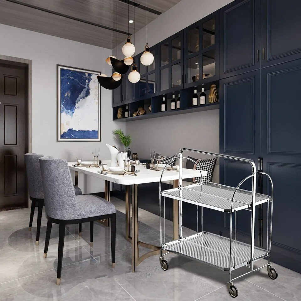 Folding Bar Rolling Dining Car Trolley Cart Serving Cart Home Cart Storage Glass