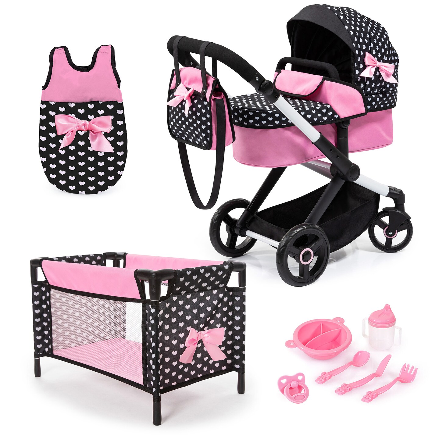 Bayer Design Dolls: Xeo Mega 10 Piece Set - Black, Pink, Hearts - Pram, Bed, Handbag, Feeding &#x26; Care Accessories For Dolls Up to 18&#x22;, Toy, Kids Age 3+