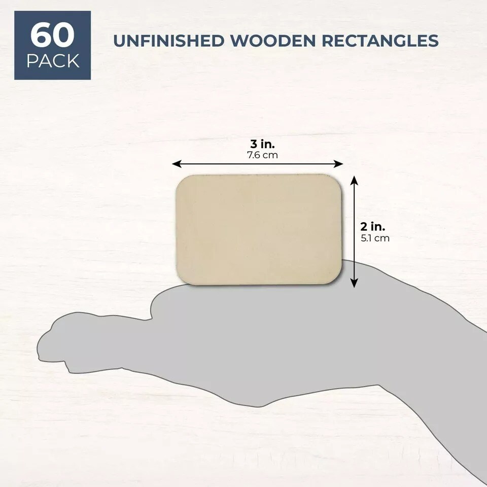 60 Pack Unfinished Wood Cutouts for Crafts, Rectangle Wooden Slices, 2 x 3 In