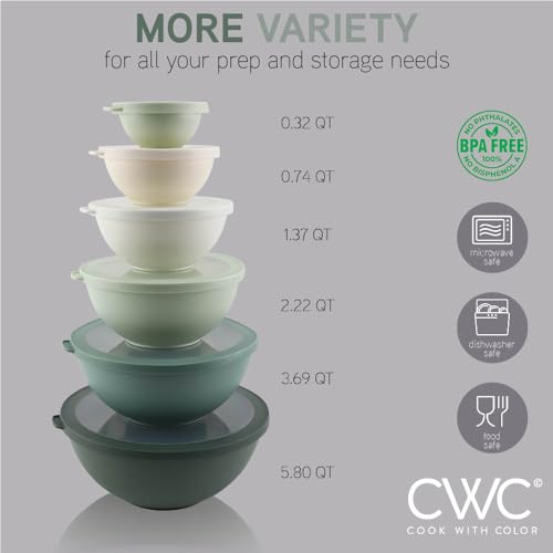 12 Piece Mixing Bowls with TPR Lids - Plastic Nesting Bowls Set includes 6 Prep Bowls and 6 Lids - Microwave Safe (Sage)