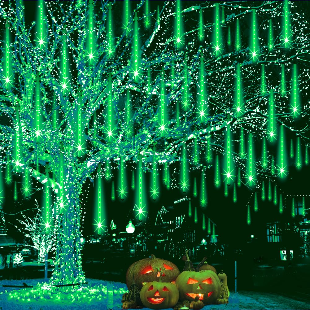 Halloween Lights Outdoor, Meteor Shower Lights Christmas Lights for Halloween Decorations, 8Tube 192LED Snow Falling Rain Icicle String Lights for Xmas Christmas Decor Tree Party,UL Plug Green