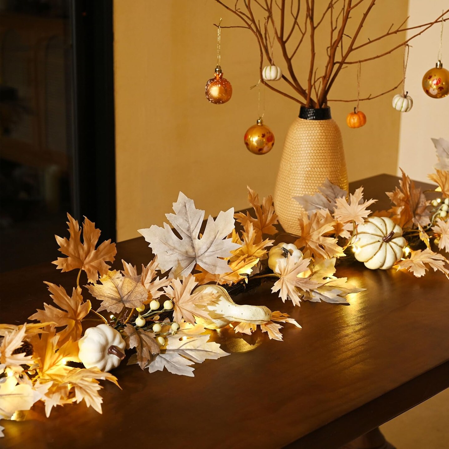6 ft Artificial Autumn Leaves Garlands with Pumpkin Maple Leaves for Mantle Table Fireplace Wall Outdoor Harvest Thanksgiving Decor