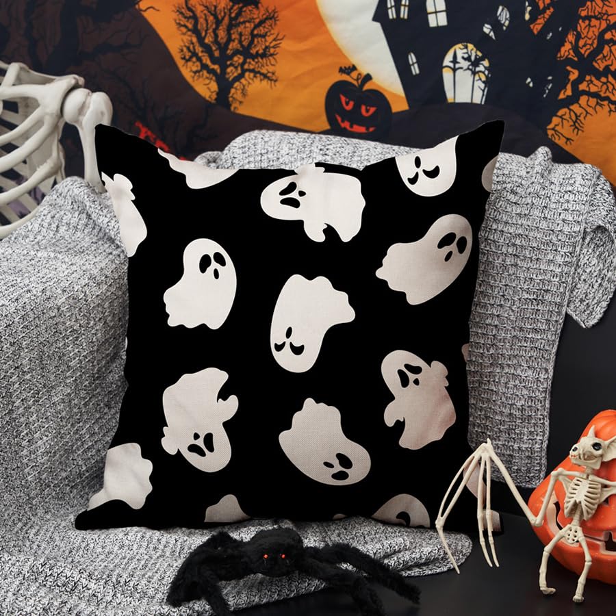 2 PiecesHalloween Pillow Covers 18x18 inch Happy Halloween White Ghost Decor Black Pillow Covers Happy Halloween Sofa Bed Outdoor Car Decoration TH-14A18