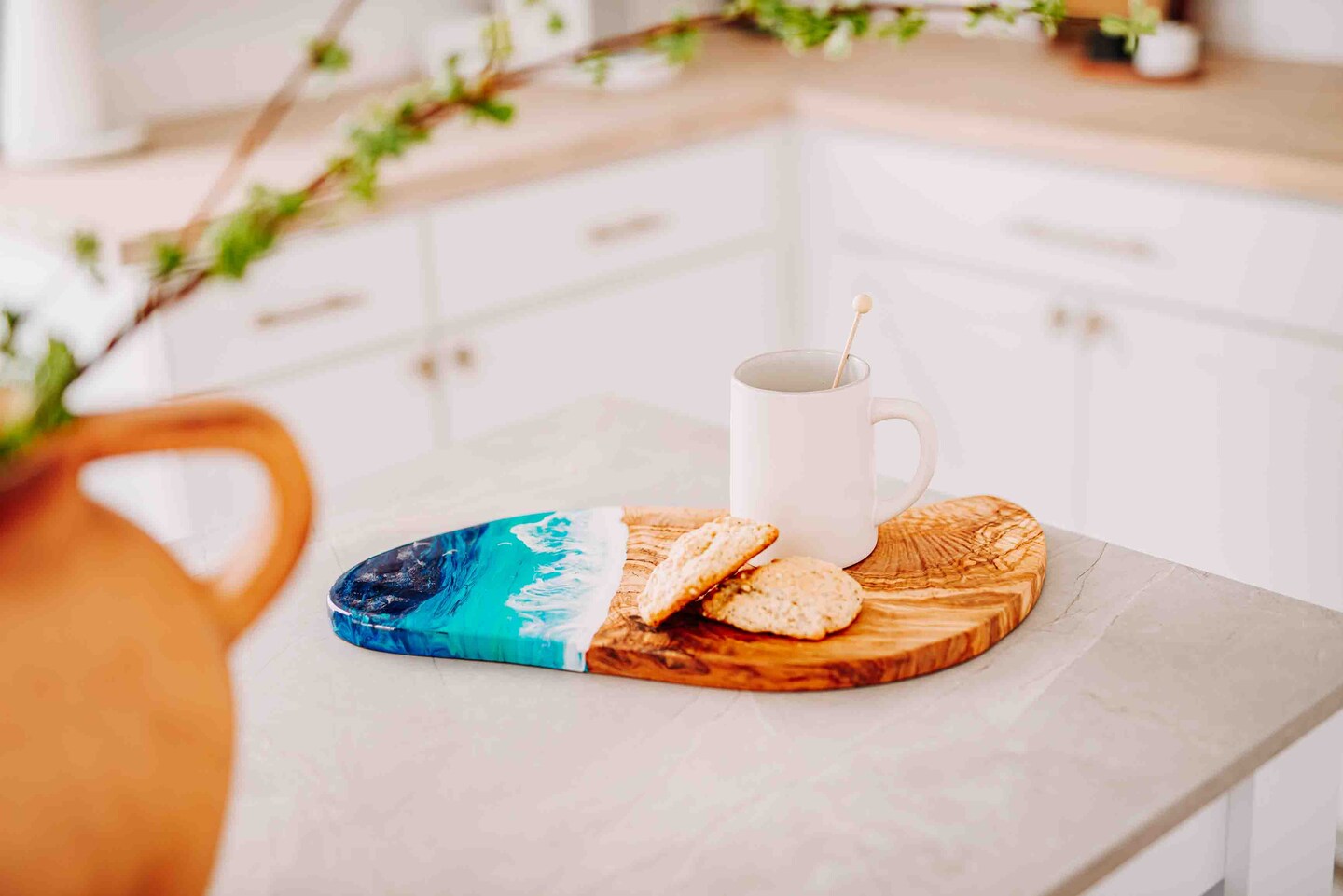 Olive Wood Ocean Wave Cheese Board, Beach Themed Charcuterie Tray