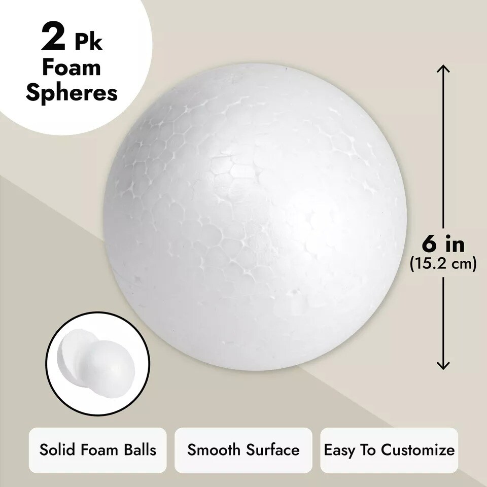2 Pack Foam Balls for Crafts, 6-Inch Round White Spheres for DIY Projects