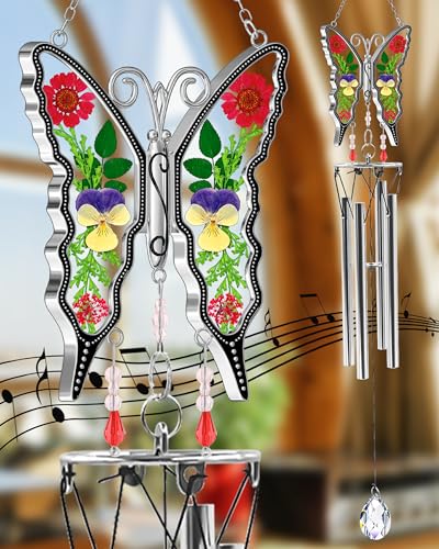 Wind Chimes Butterfly Wind Chimes for Outside Real Flower Outdoor Windchimes Gifts for mom Grandma Birthday Nana Gifts Garden Balcony Home D&#xE9;cor Wind Chimes with S Hook Memorial Wind Chimes