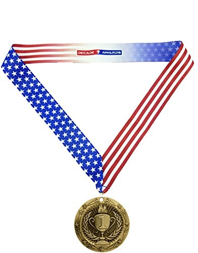 Gold Medal - Large Metal - Olympic Award Medals with Stars &#x26; Stripes American Flag V Neck Ribbon - Perfect for School Competitions, Kids, Students, Athletes &#x26; Scholars