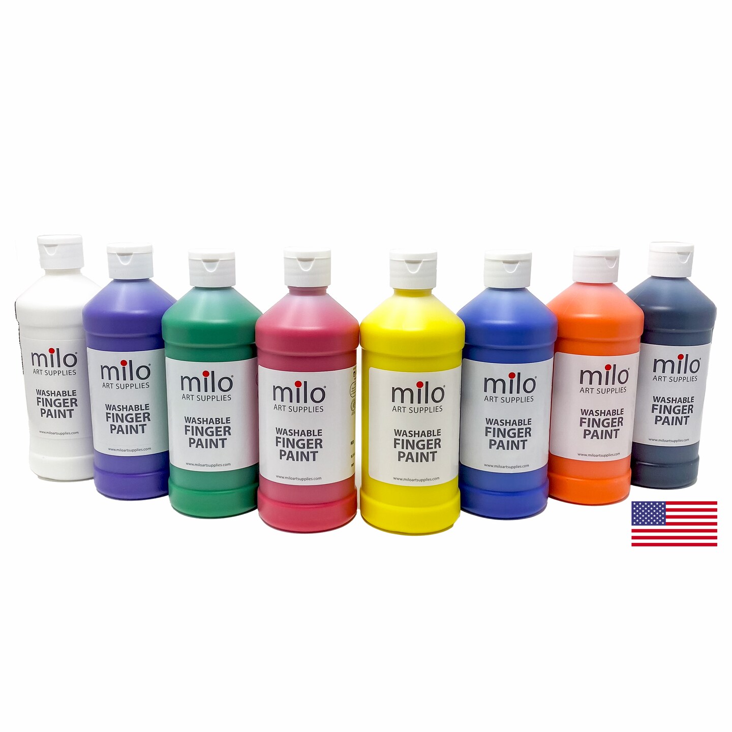 milo Kid&#x27;s Washable Finger Paint Set of 8 Colors | 16 oz Bottles | Safe and Non-Toxic | Made in the USA | Art &#x26; Craft Paints for Kids, Toddlers, Pre School Supplies Painting Set for Children