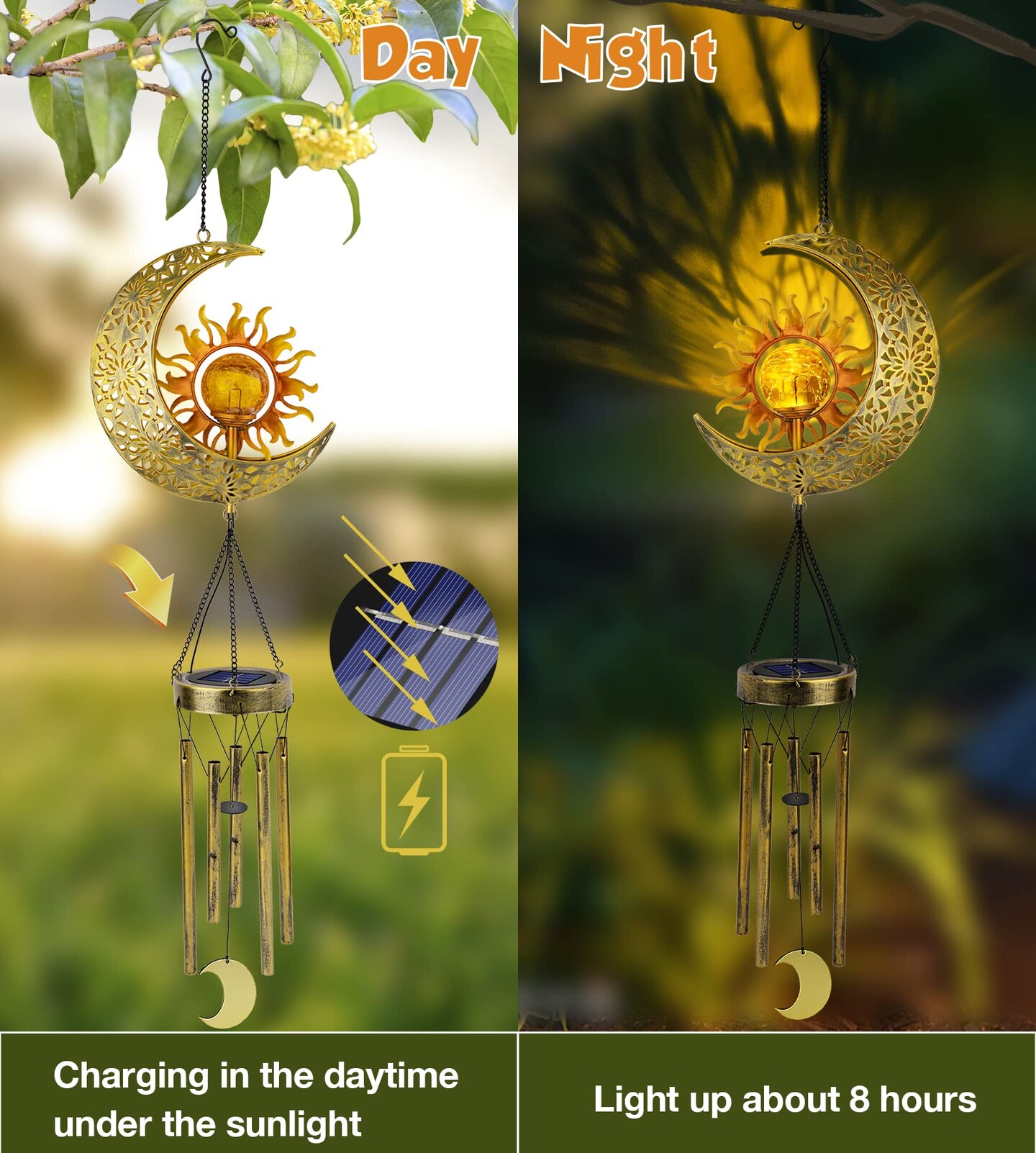 1 Pack Sun Moon Solar Wind Chimes for Outside Crackle Glass Ball Waterproof Wind Chimes Outdoor Clearance Deep Tone Garden Decor Birthday Unique Gifts for Women Mom Grandma Windchimes Gardening