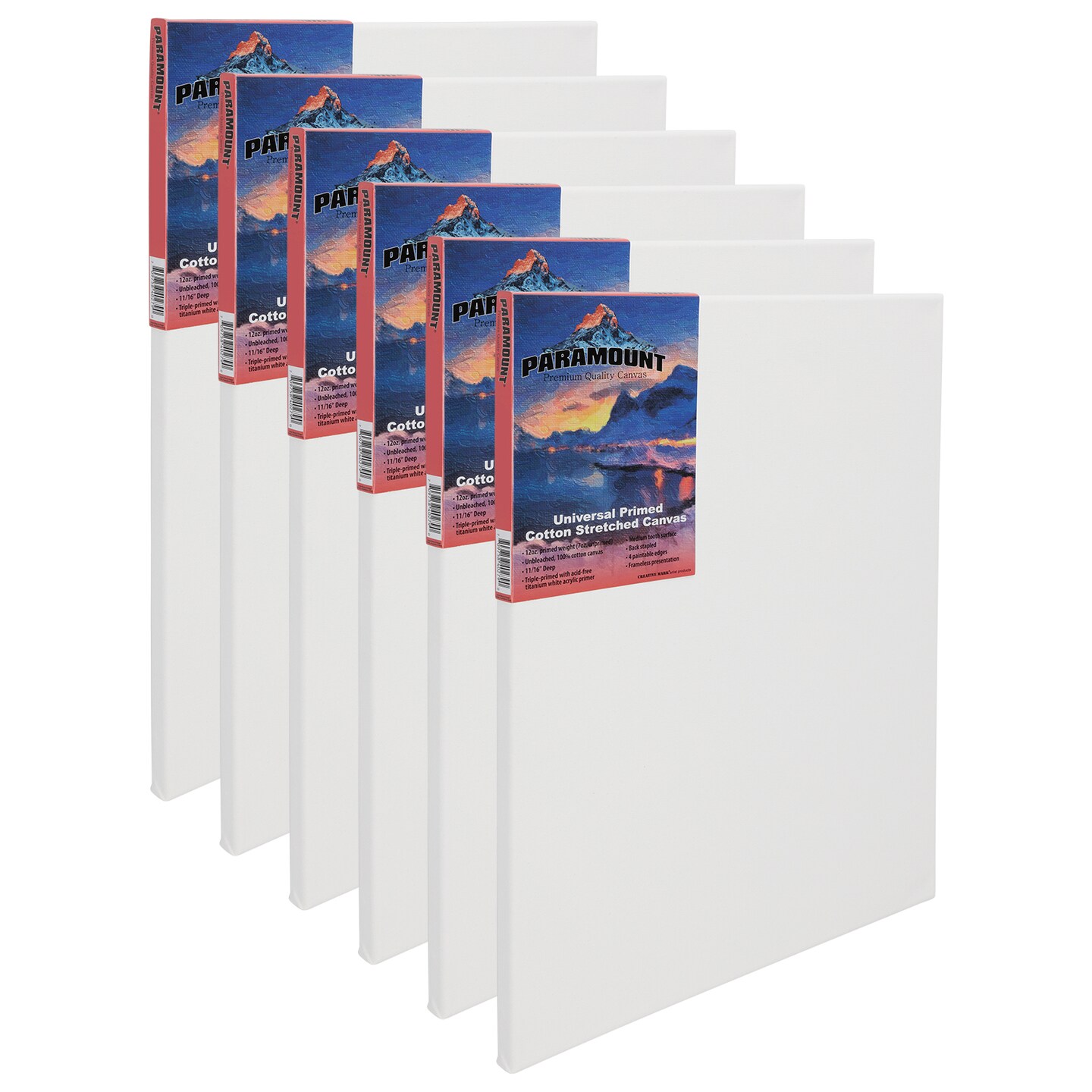 Paramount Canvas for Painting - Pack of 6,  White Canvases- 11/16&#x22; 100% Cotton Stretched Canvas, Triple-Primed for All Media, Medium Tooth, Back-Stapled, 12oz Primed Weight, Wood Stretcher Bars