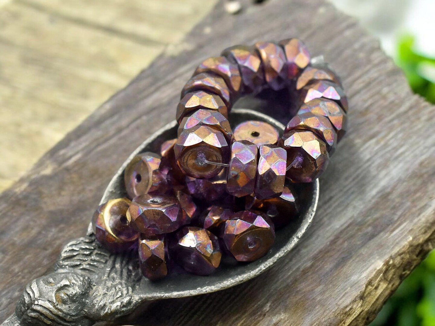 *15* 4x6mm Copper Washed Purple Metallic Thistle Fire Polished Rondelle Heishi Beads