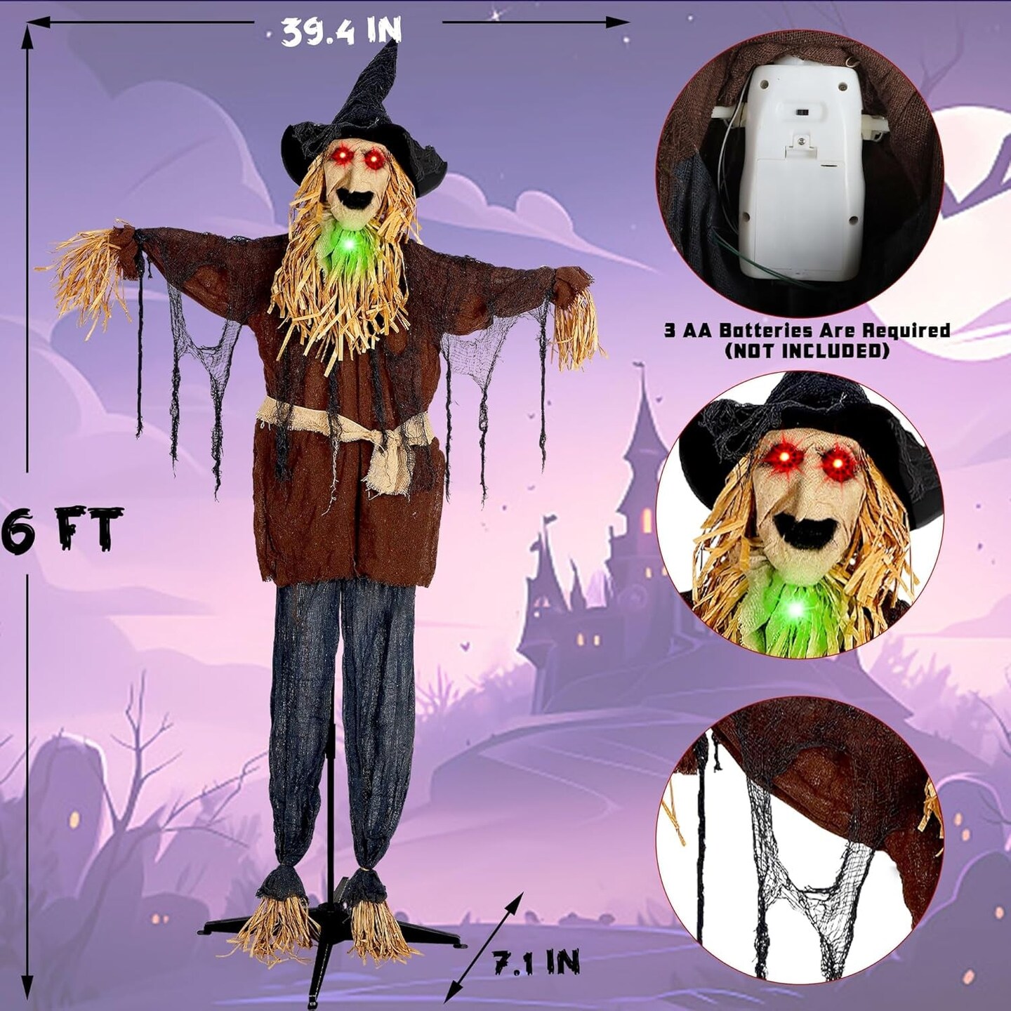 6FT Halloween Animated Scarecrow Props, Live-Sized Voice Activated Ghost with Turning Heads, Swing Arms, Red Lighted Eyes &#x26; Scary Sound for Haunted House Spooky Party Decorations