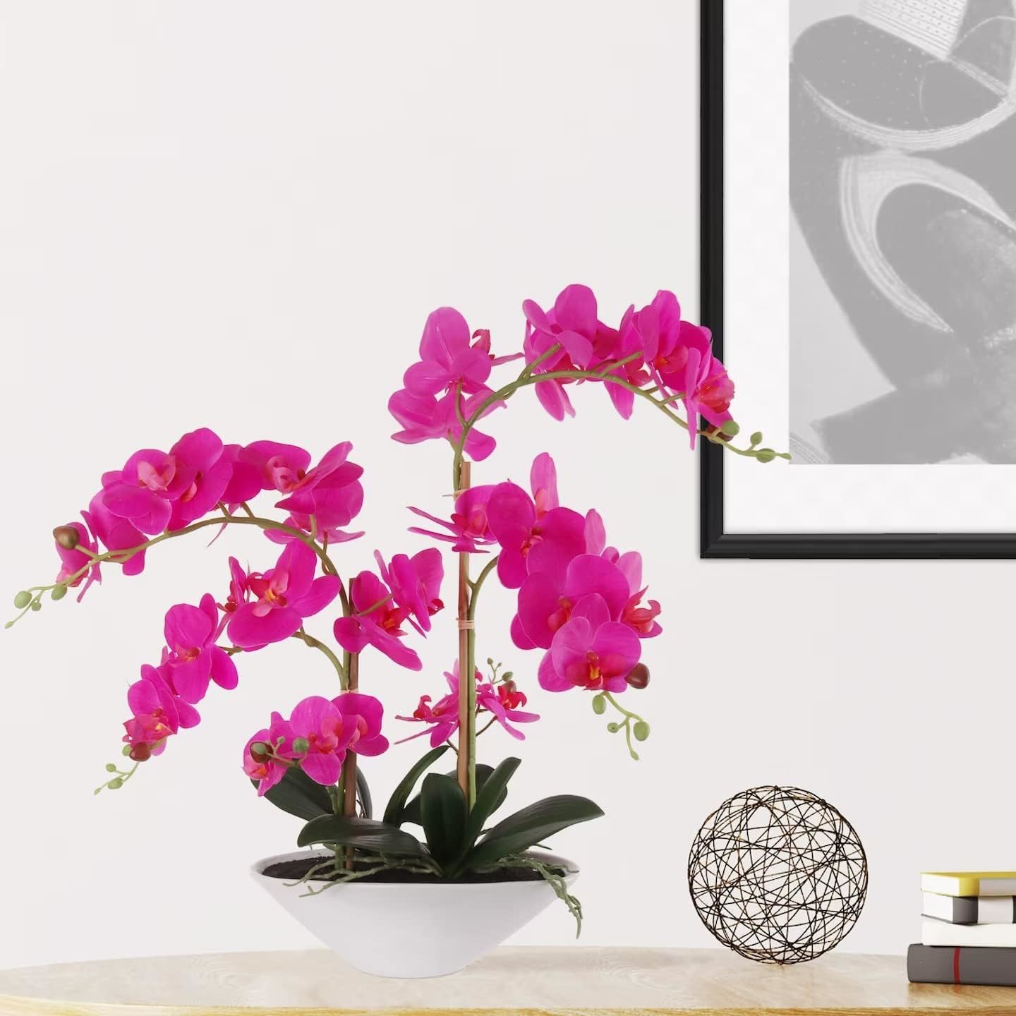 Fuchsia Phalaenopsis Orchid 20&#x22; with 6 Buds in White Vase - Lifelike Silk Flower Arrangement for Elegant Home &#x26; Office Decor - Realistic Orchid Design, Floral Home by Artificial Flowers