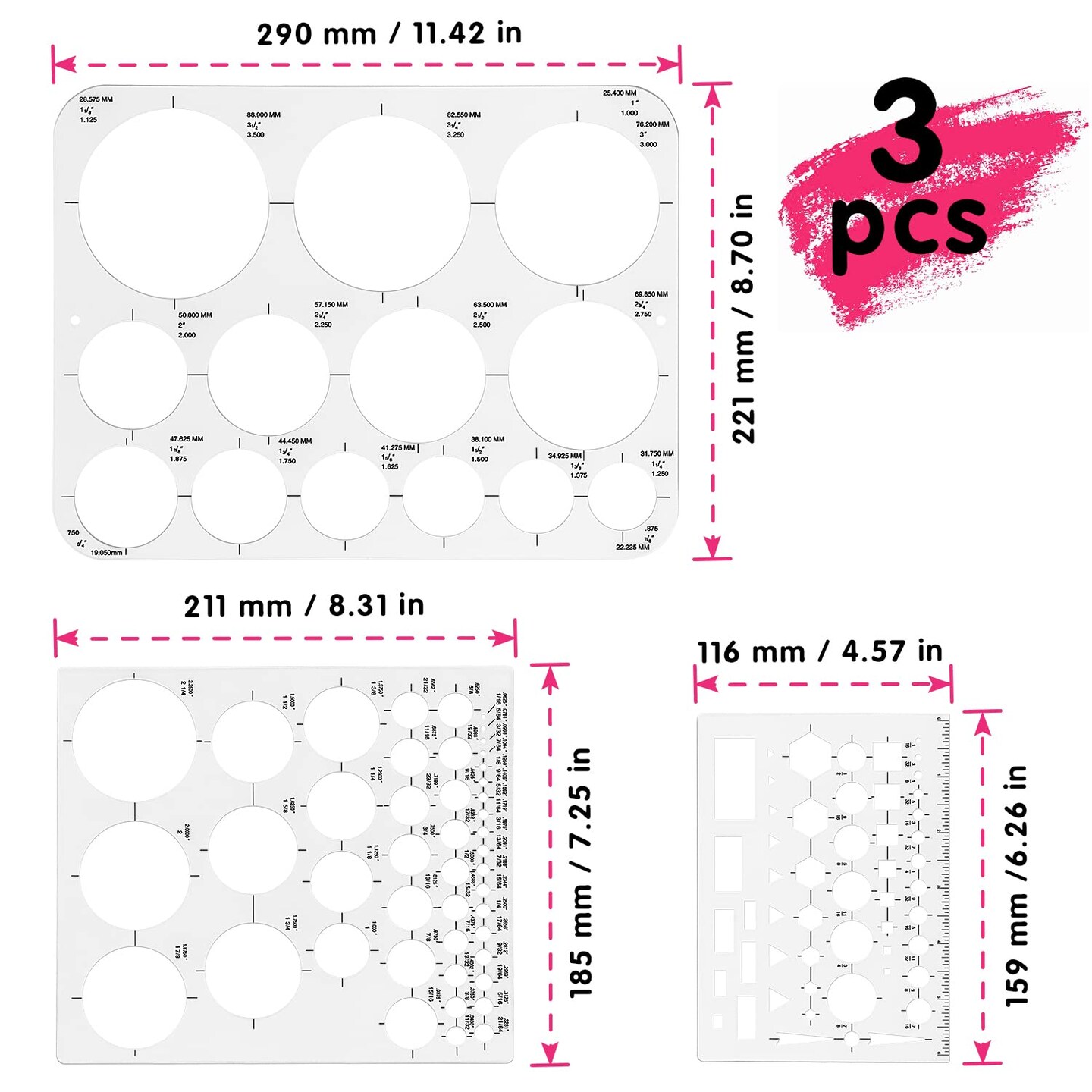 3 Pieces Circle Template Circle Round Stencil Templates for Drafting for Office and School Building Formwork Drawings Templates, Large and Small Size