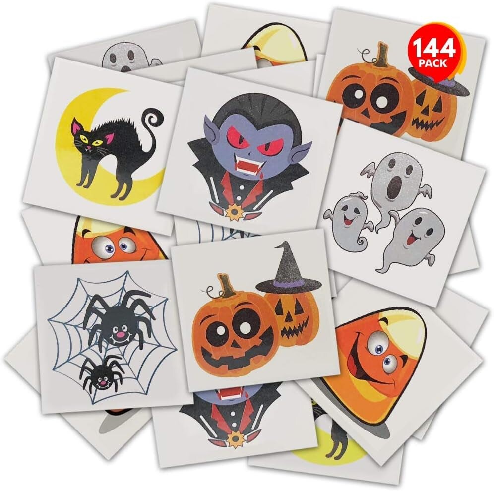 Halloween Temporary Tattoos for Kids - Pack of 144-2 Inch Non-Toxic Tats Stickers for Boys and Girls, Best for Halloween Party Favors, Treats, D&#xE9;cor, Goodie Bags - 6 Assorted Designs