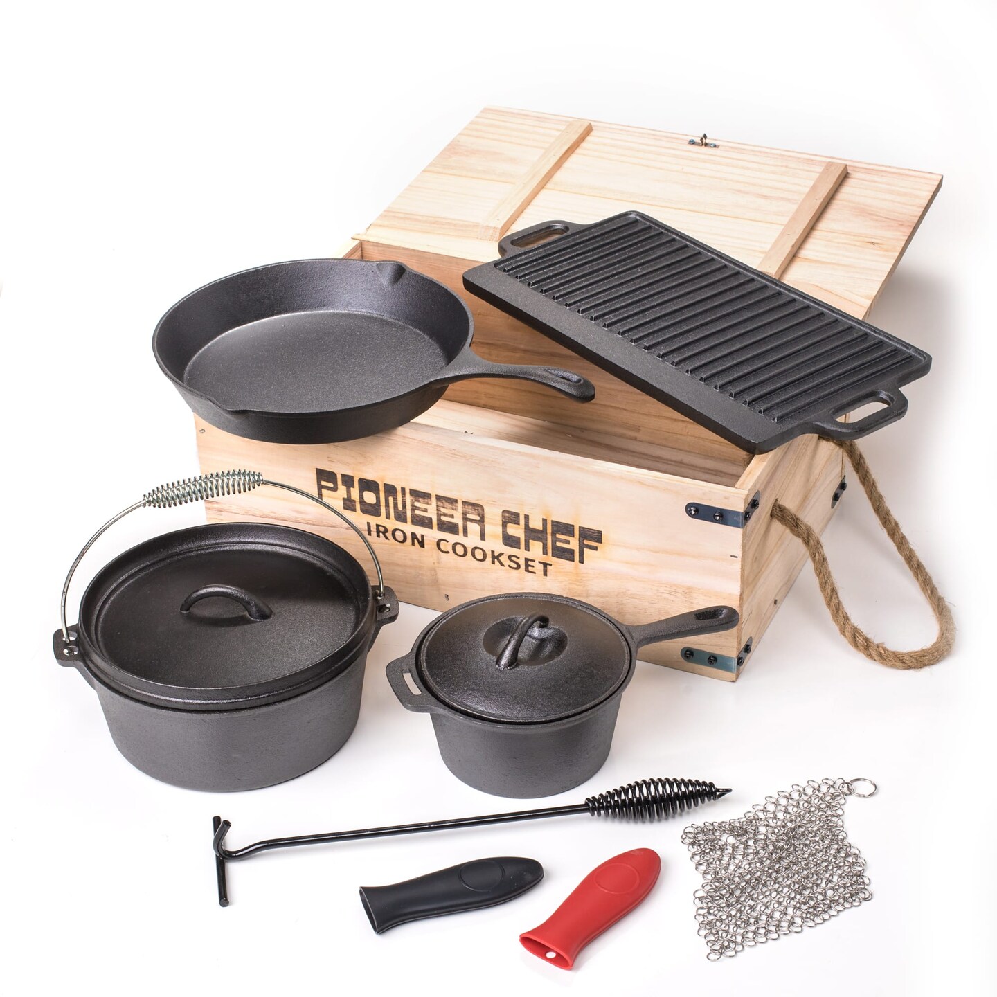 Lehman&#x27;s Campfire Cookware Set, Cast Iron Stew Pot, Skillet, Dutch Oven with Rack and Lid Lifter, Reversible Grill and Scrubbers