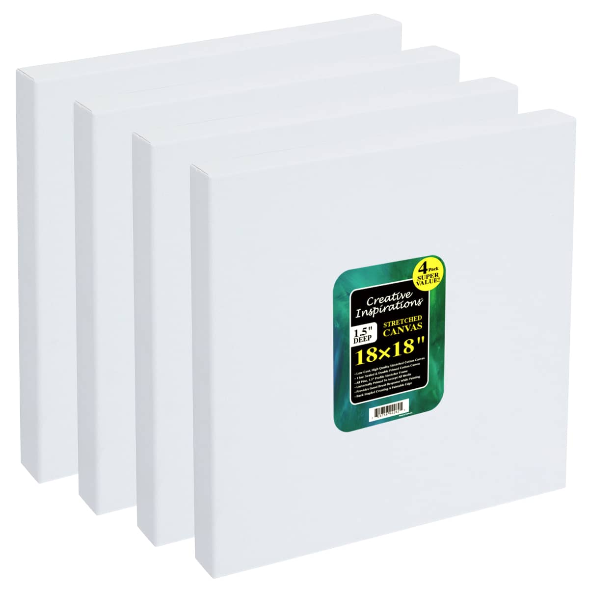 Creative Inspirations Stretched Canvas for Painting- 1-1/2" Deep, 4-Pack, 11oz Sealed & Double-Primed Cotton Canvases, Pine Stretcher Frame, Archival All-Media Primer - Alkyd, Acrylic & Oil Painting