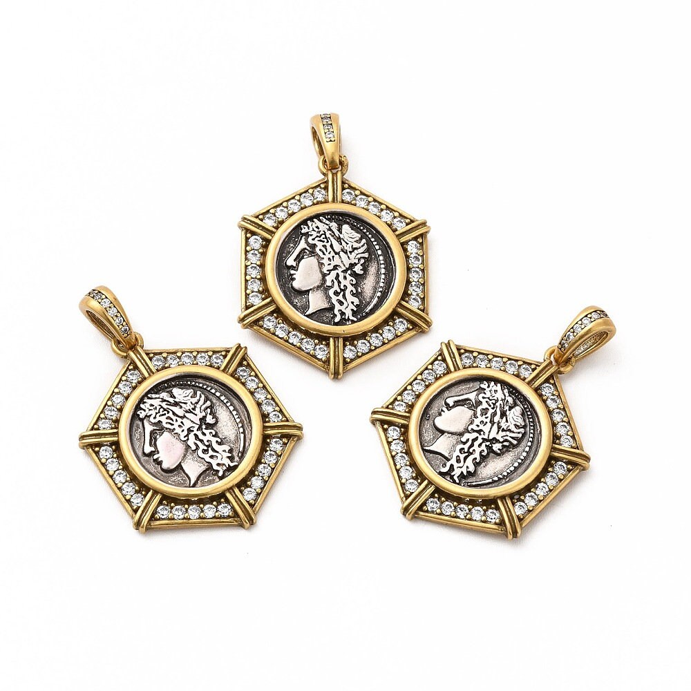 26x21mm 18k Gold Plated Brass Micro Pave Cubic Zirconia Greek Coin Pendant