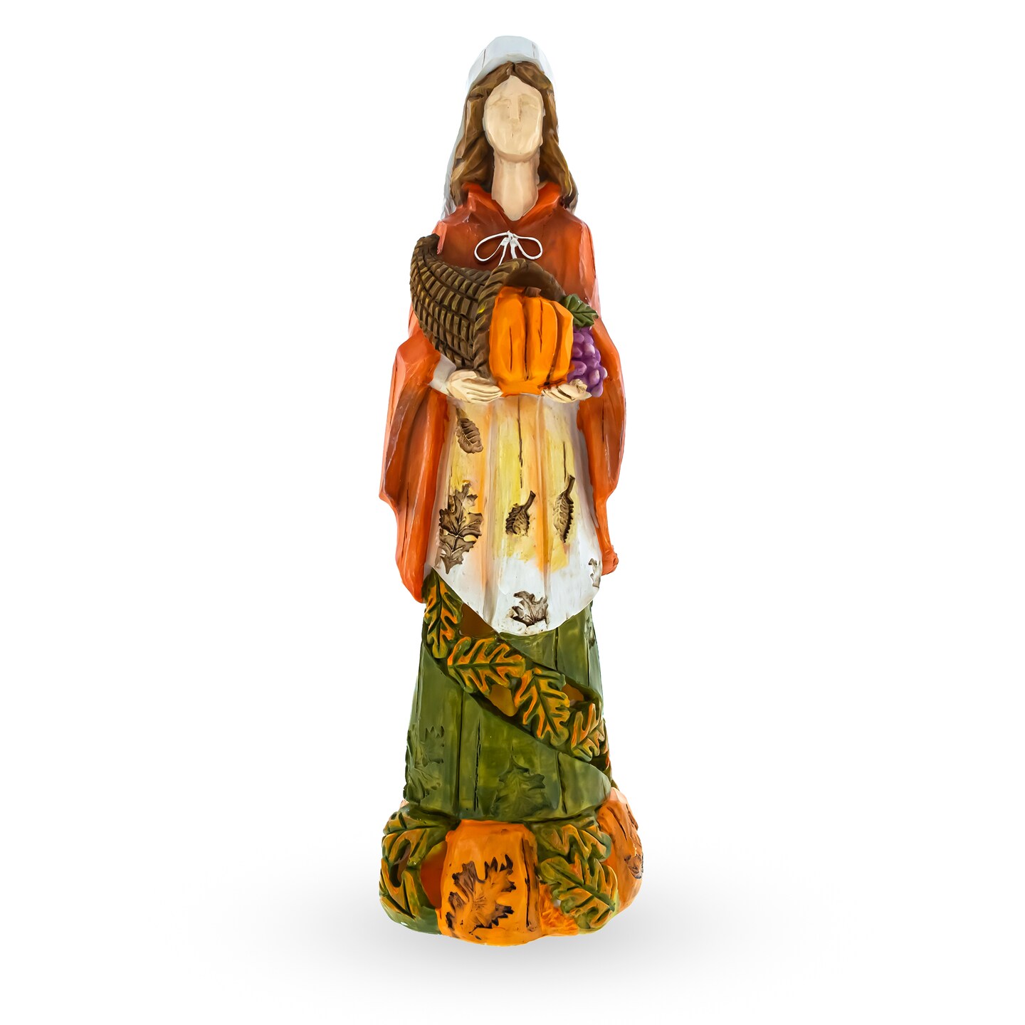 Pilgrim Woman Holding Horn of Plenty Cornucopia Thanksgiving Figurine