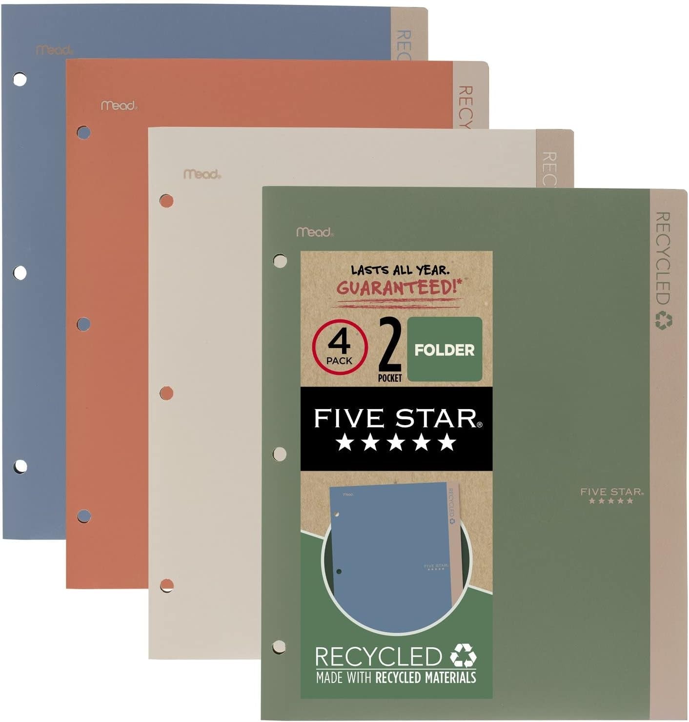 2 Pocket Folders, 4 Pack, Recycled Plastic Folders with Stay-Put Tabs and Prong Fasteners, Fits 3-Ring Binder, Holds 11&#x201D; X 8-1/2&#x201D; Paper, Writable Label, Clay, Green, Blue, Gray (33002)