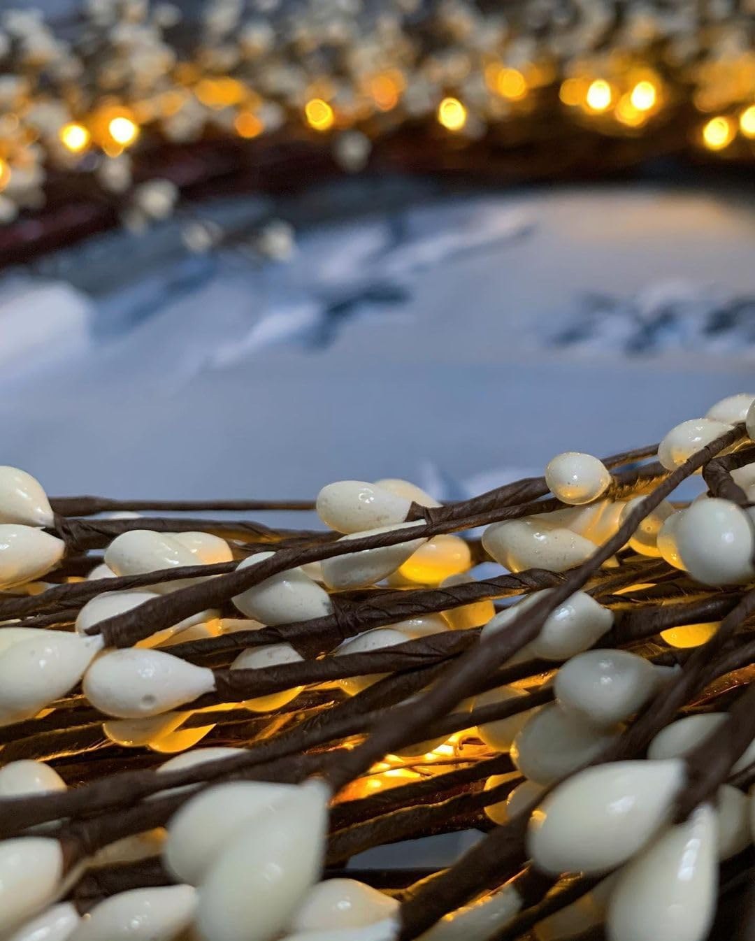 22 Inch White Pip Berry Grapevine Wreath with 100 LED Lights, Timer, Battery Powered, Fall Wreath, Farmhouse Wreath, Christmas Decorations Holiday Decor