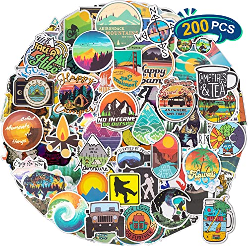 200 Pieces Waterproof Vinyl Stickers - Personalize Belongings Decal with Outdoor, Nature, Adventure, National Park, Hiking, Camping, and Travel Themes, Decor Idea for Water Bottles, Laptops, Phone