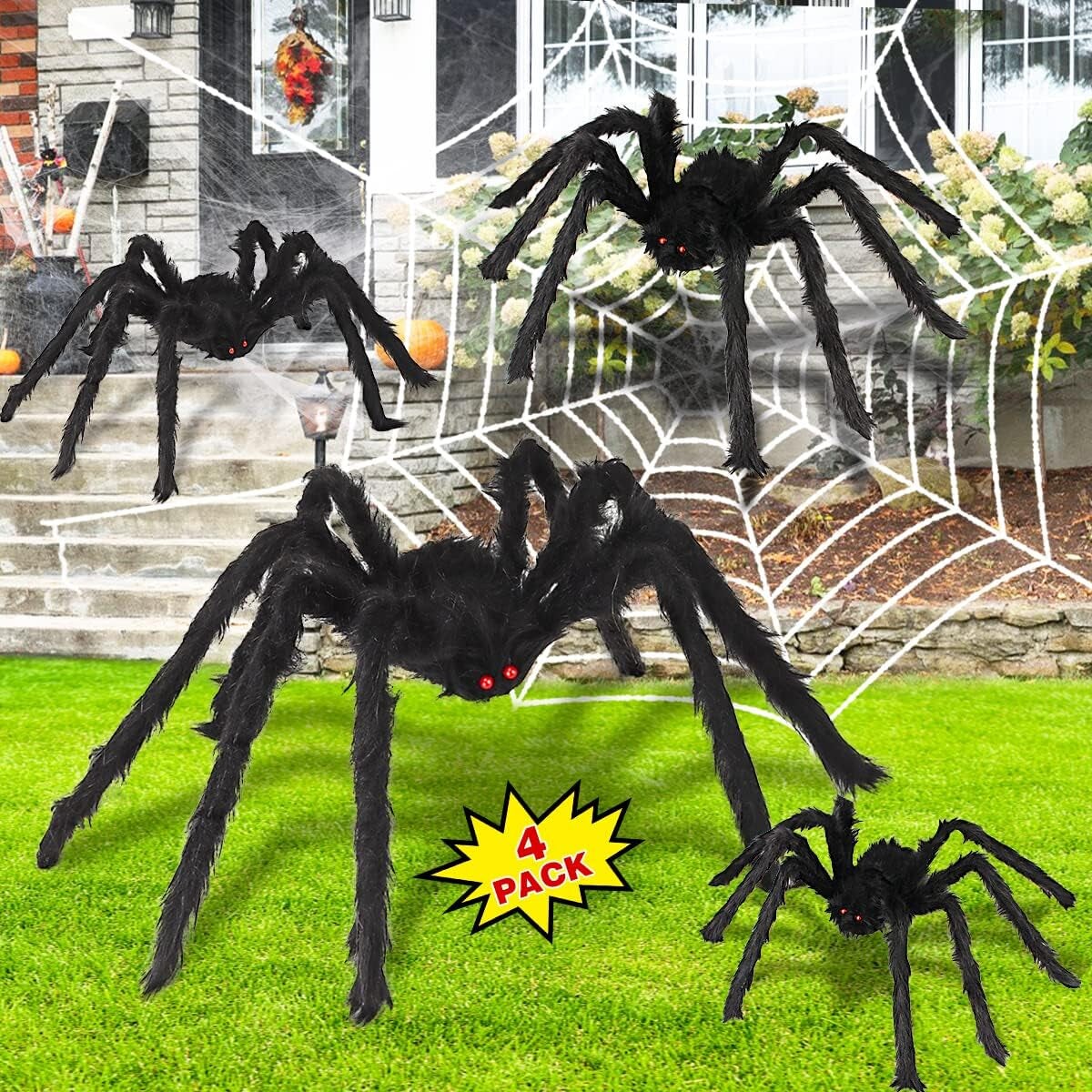 Halloween Spider Decorations, Halloween Scary Giant Spider Set with 4 Large Fake Spider, Spider Web, 20 Small Plastic Spiders, Cobwebs for Window Wall and Yard Outdoor Halloween Decor