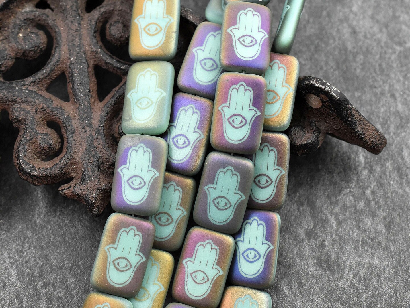 *6* 12x18mm Matte Turquoise Sliperit Laser Etched Hamsa Design Rectangle Beads