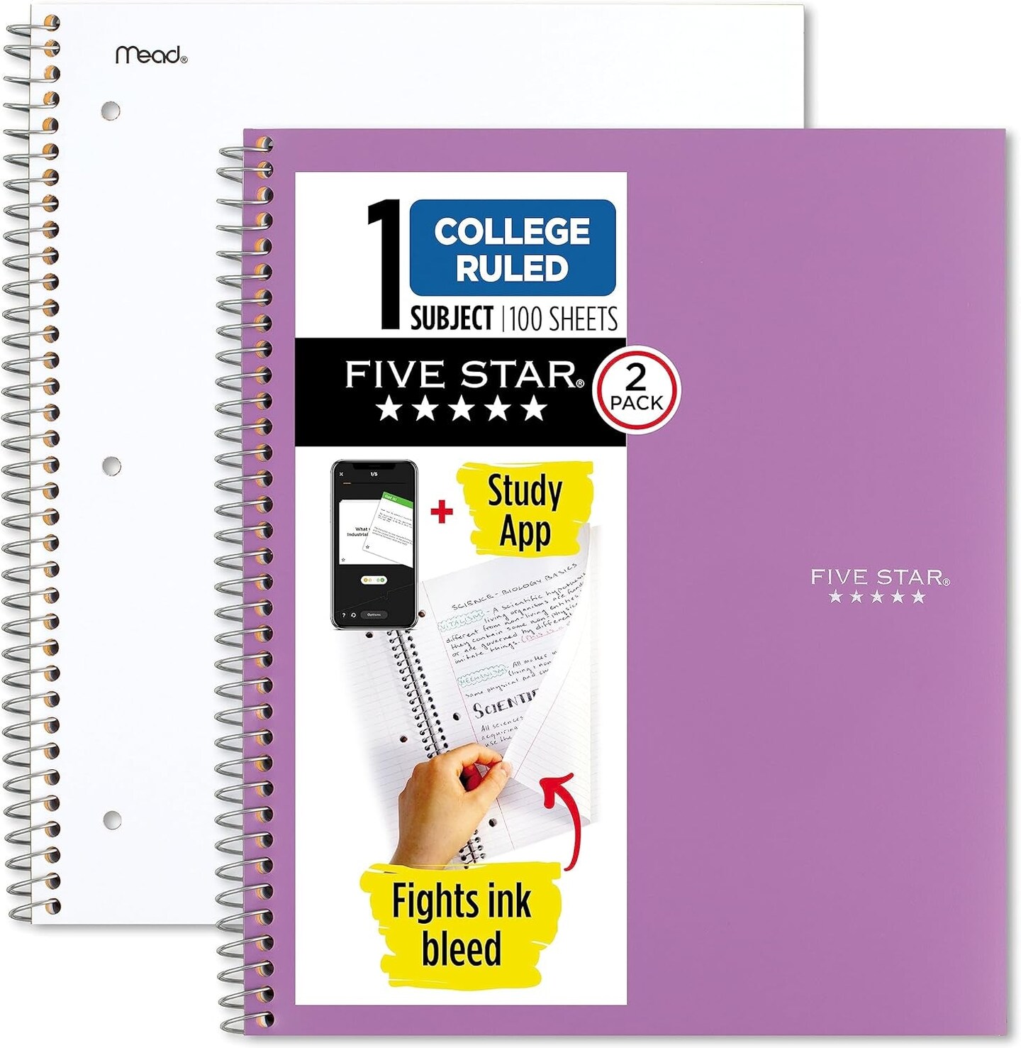 Spiral Notebooks + Study App, 2 Pack, 1 Subject, College Ruled Paper, 200 Sheets, 11&#x22; X 8-1/2&#x22;, White, Amethyst Purple (820186-ECM)