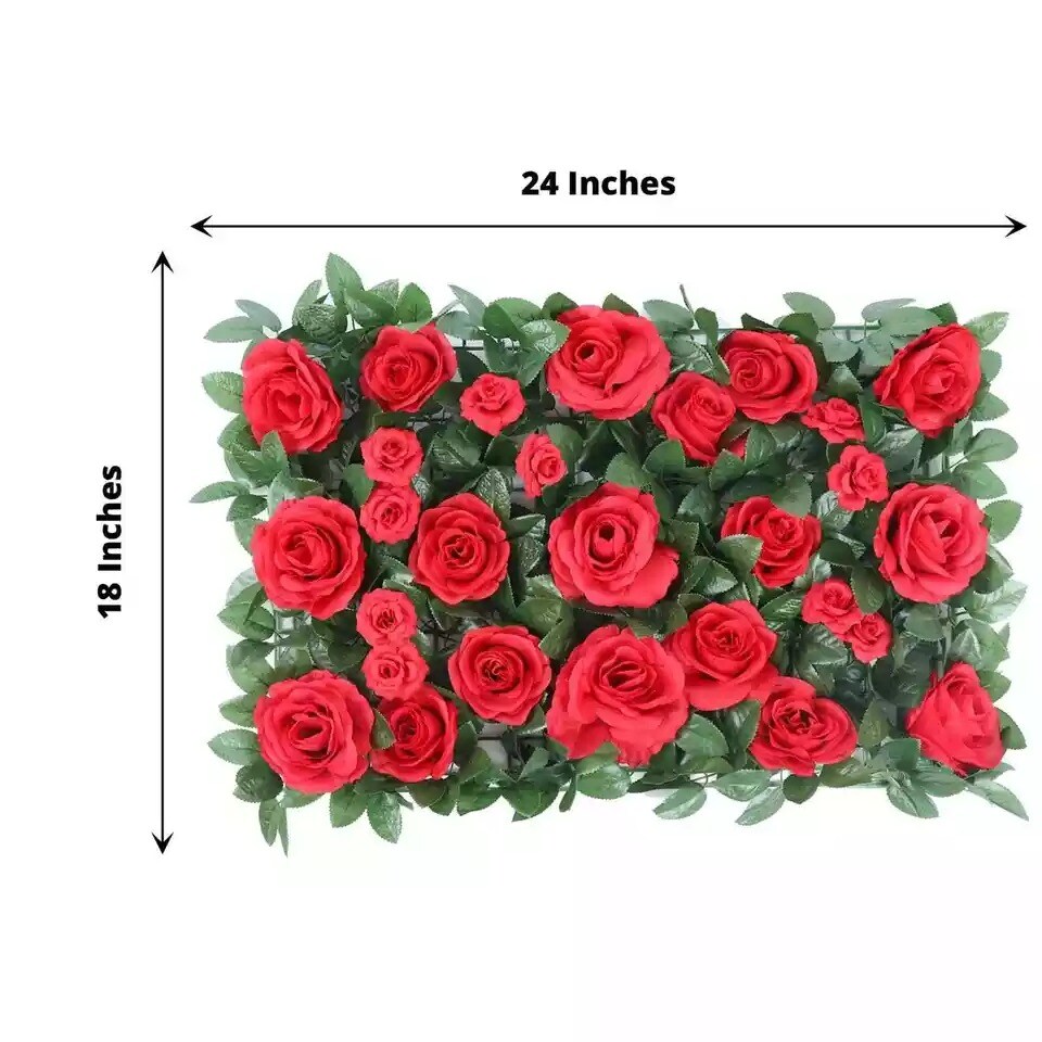 24x18-Inch Red and Green Silk Rose Flowers Wall Backdrop Panel Wedding